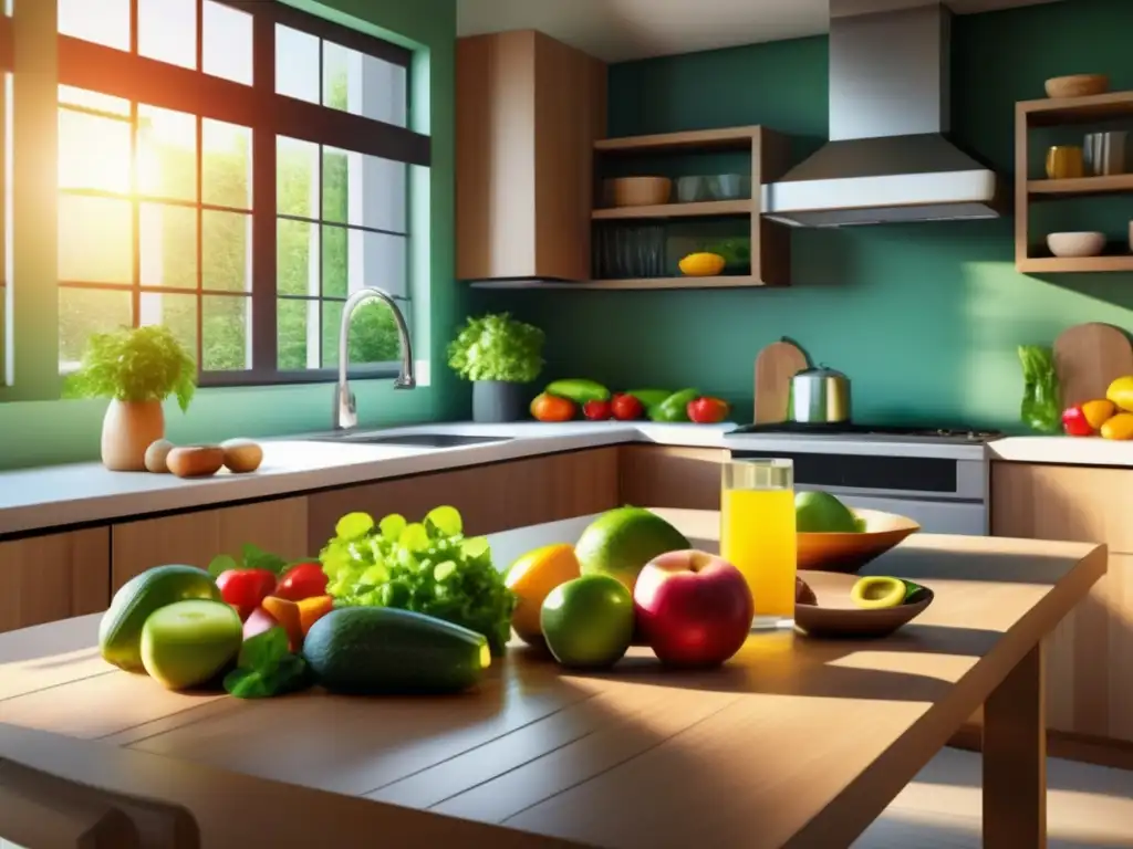 Un comedor moderno con frutas y verduras frescas, agua con pepino y menta, y frutos secos. <b>La luz del sol crea una atmósfera saludable y acogedora.</b> <b>Beneficios del ayuno intermitente para longevidad.