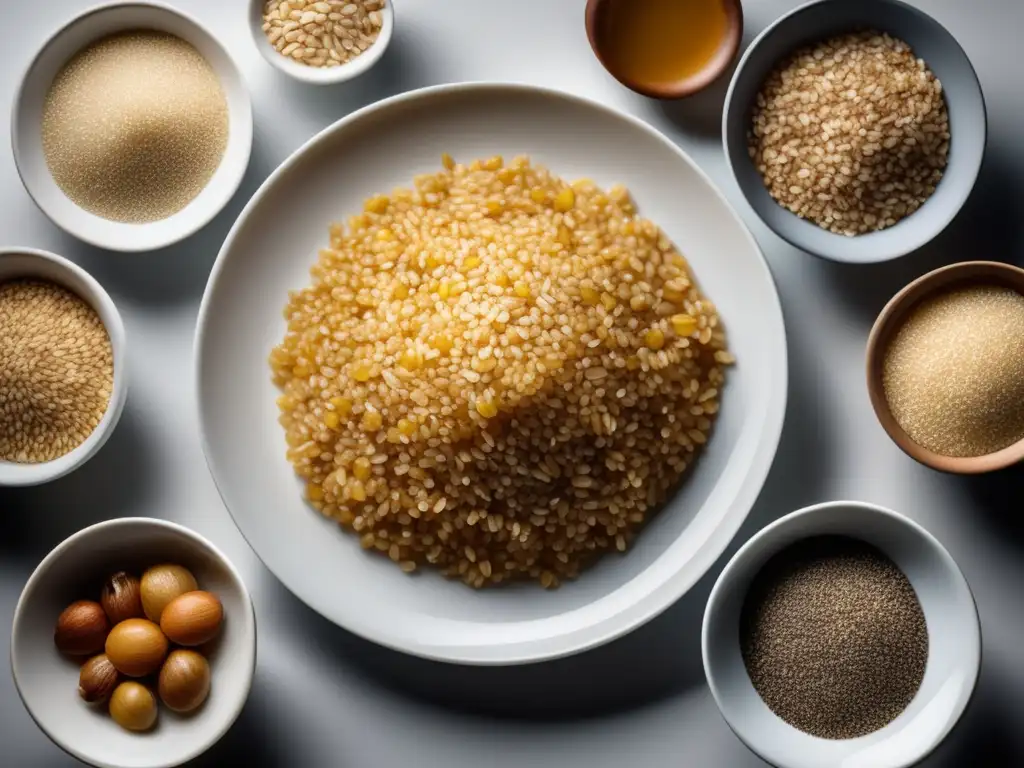 Una composición artística de granos enteros en un plato blanco, resaltando sus texturas y colores. <b>Beneficios cereales integrales longevidad.