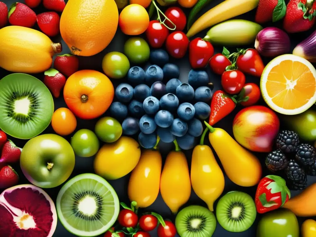 Una composición visualmente cautivadora de frutas y verduras vibrantes y detalladas, resaltando la importancia de la fibra en el envejecimiento.