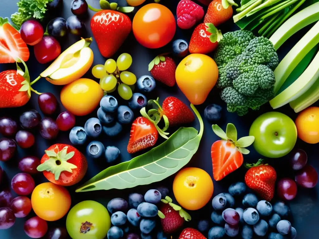 Una composición dinámica de frutas y verduras coloridas, evocando vitalidad y beneficios de los polifenoles para longevidad.