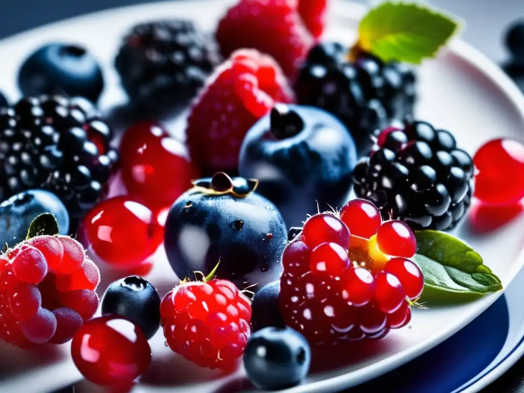 Una composición de bayas frescas y coloridas en un plato blanco, evocando vitalidad y antioxidantes. <b>Beneficios de los polifenoles para longevidad.