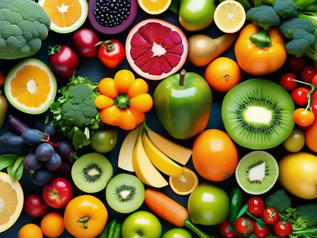 Una composición circular de frutas y verduras coloridas, resaltando sus detalles y la importancia de vitaminas y minerales en longevidad.