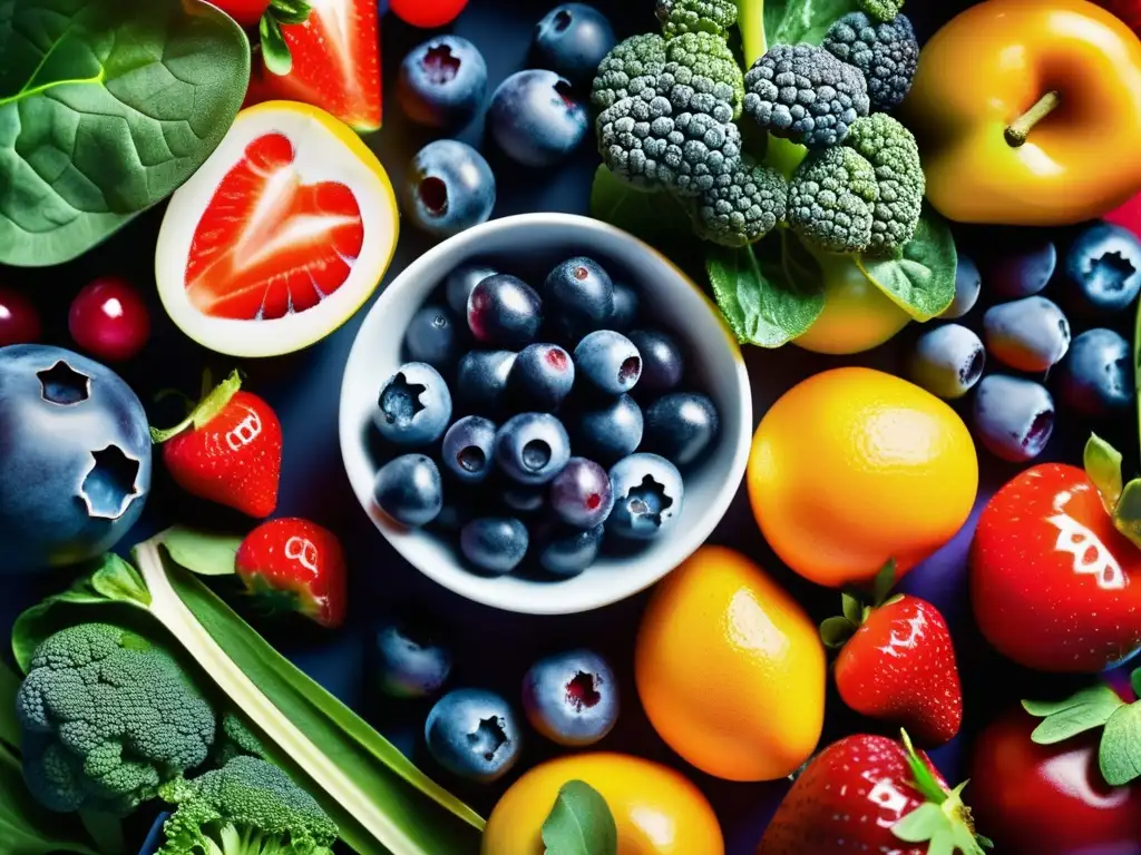 Una composición visualmente impactante de frutas y verduras antioxidantes, resaltando sus efectos en longevidad.