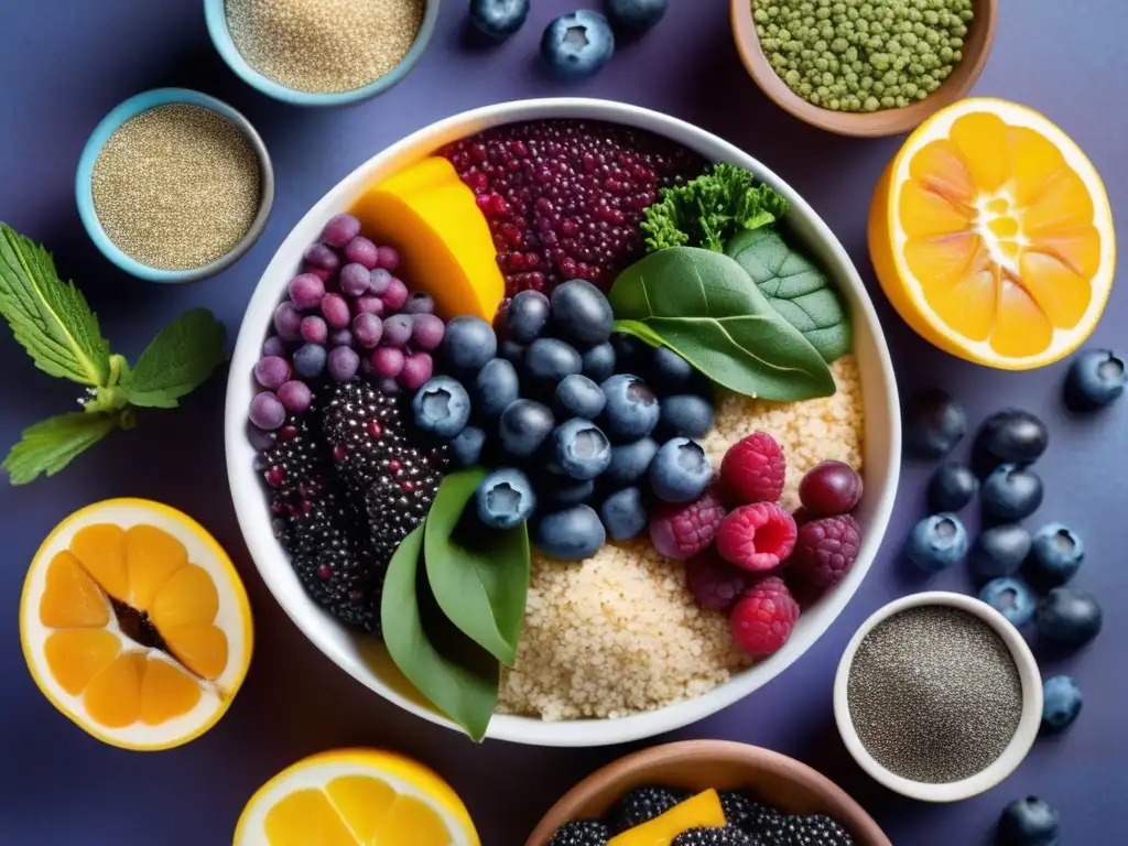 Una composición vibrante de superalimentos coloridos como bayas de acai, semillas de chía, kale, arándanos y quinoa, transmitiendo frescura y vitalidad. <b>Suplementos superalimentos longevidad vida larga.