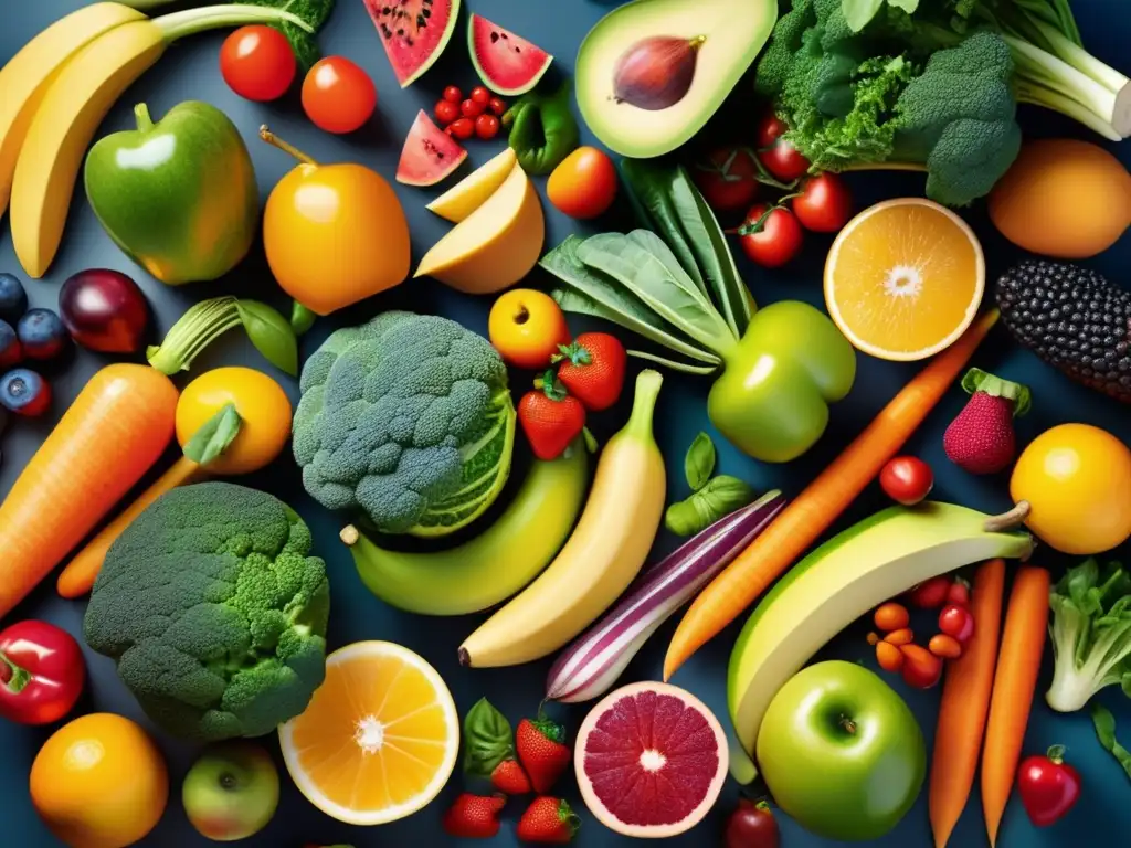 Una composición visual vibrante de frutas y verduras variadas, un reflejo de la conexión entre dieta, microbioma y longevidad humana.