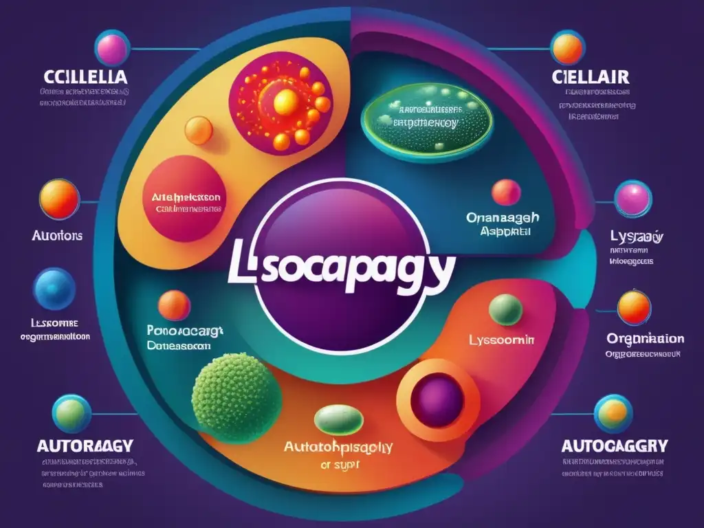 Ilustración detallada de un proceso celular clave para longevidad, con mecanismos intrincados de autofagia y vibrantes colores.