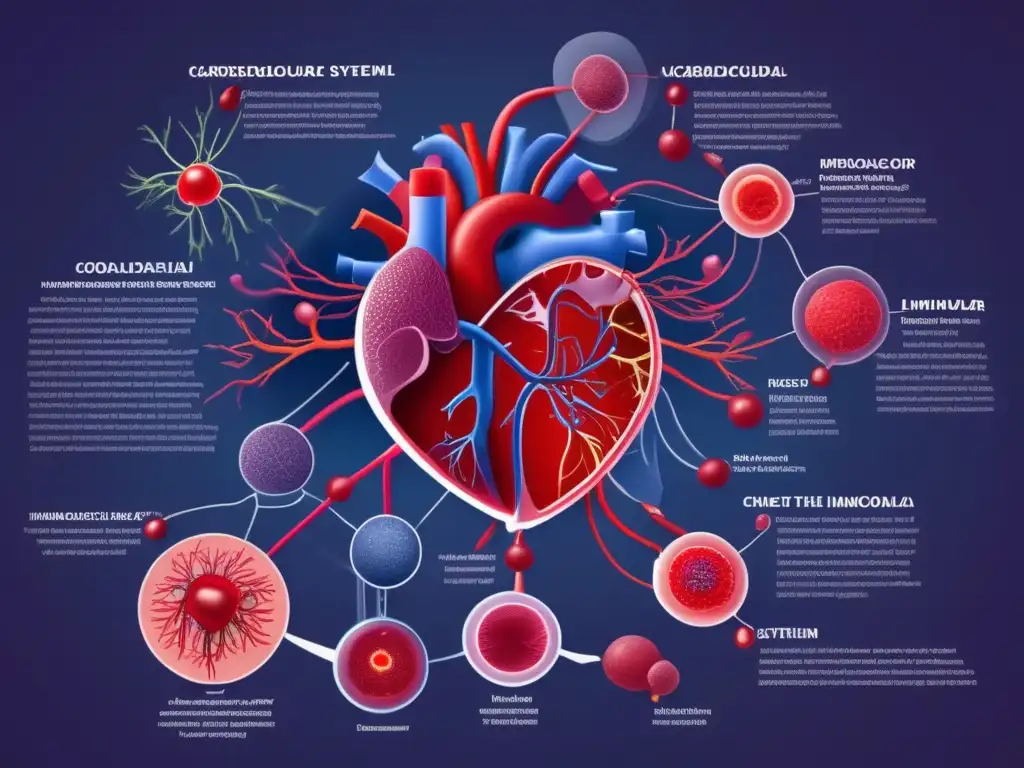 Ilustración detallada del sistema cardiovascular envejecido, destacando la compleja red de vasos sanguíneos e interacciones inmunológicas. <b>Inmunología y enfermedades cardiovasculares en envejecimiento.