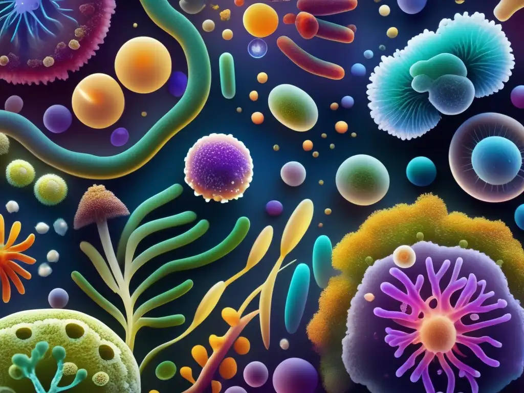 Una detallada y vibrante comunidad de microbiomas, con bacterias, hongos y microorganismos en interacción, creando un ecosistema colorido y complejo. <b>Representación visual y científicamente precisa del microbioma.