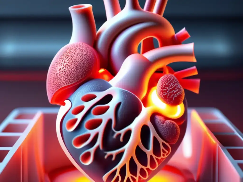 Detalle de impresión 3D de un corazón humano, mostrando avances en impresión 3D de órganos con precisión y tecnología futurista.