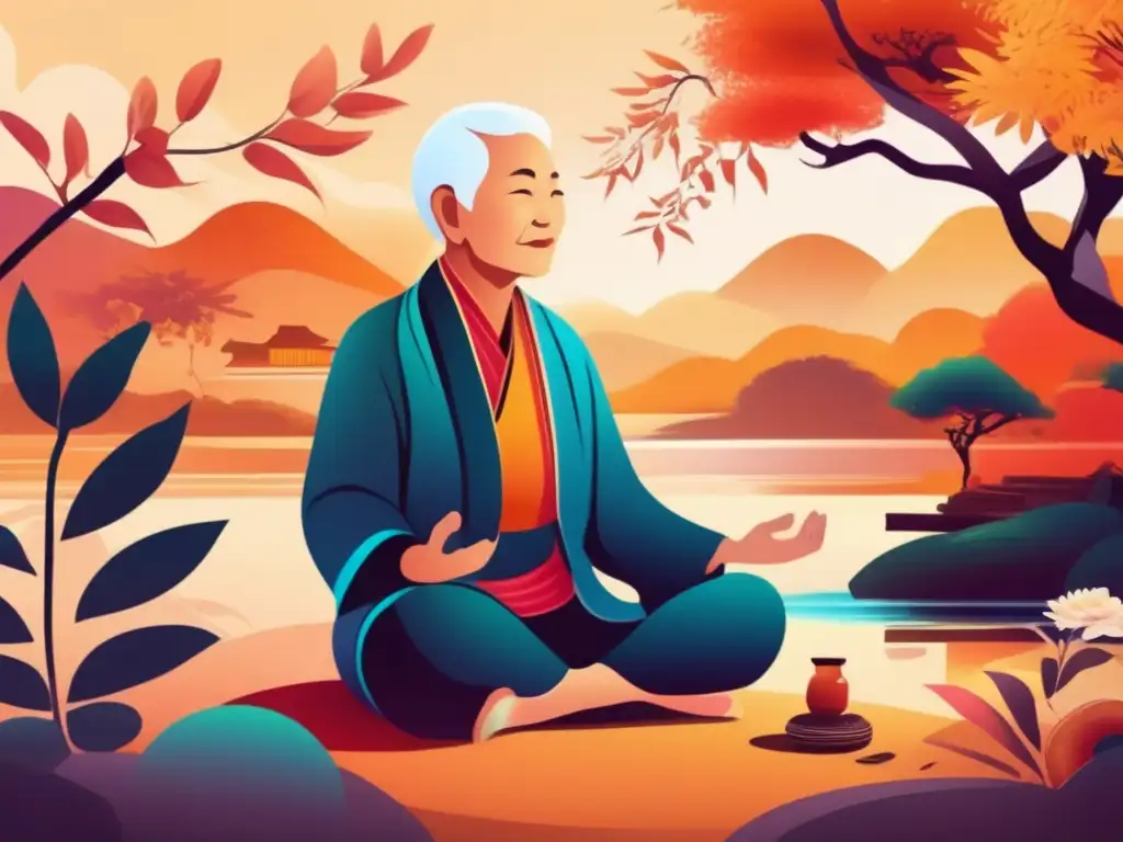 Ilustración digital de alta resolución de una persona mayor realizando actividades tradicionales como meditación, preparación de medicina herbal y tai chi en un entorno natural sereno, que captura la esencia de los secretos de longevidad de culturas ancestrales.