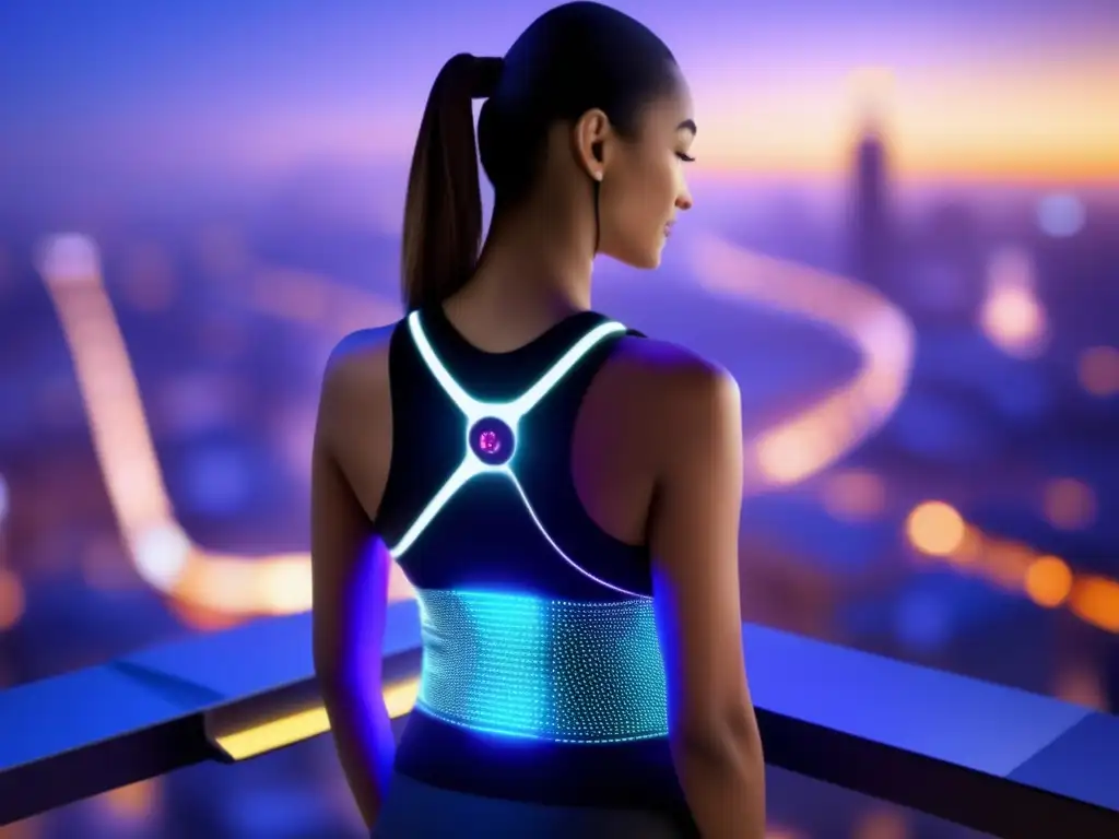 Un dispositivo wearable futurista con sensores avanzados integrados en la ropa diaria para la prevención del cáncer. <b>Brilla suavemente en la ciudad.