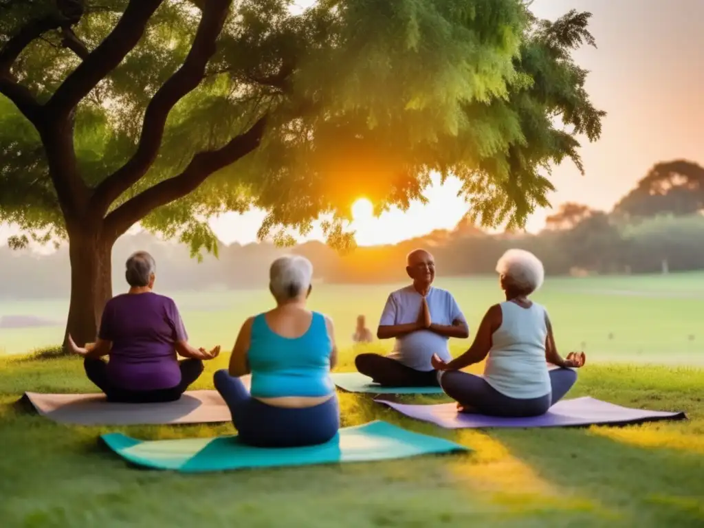 Ejercicio al atardecer: estrategias de longevidad en cambio climático con yoga al aire libre para personas mayores, rodeados de naturaleza serena.