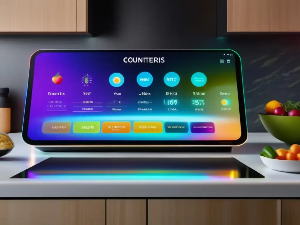 Una encimera de cocina futurista de mármol pulido con tecnología inteligente integrada muestra recomendaciones de nutrición personalizada con IA en un holograma vibrante y colorido. El ambiente es moderno y acogedor, con iluminación suave y cálida.