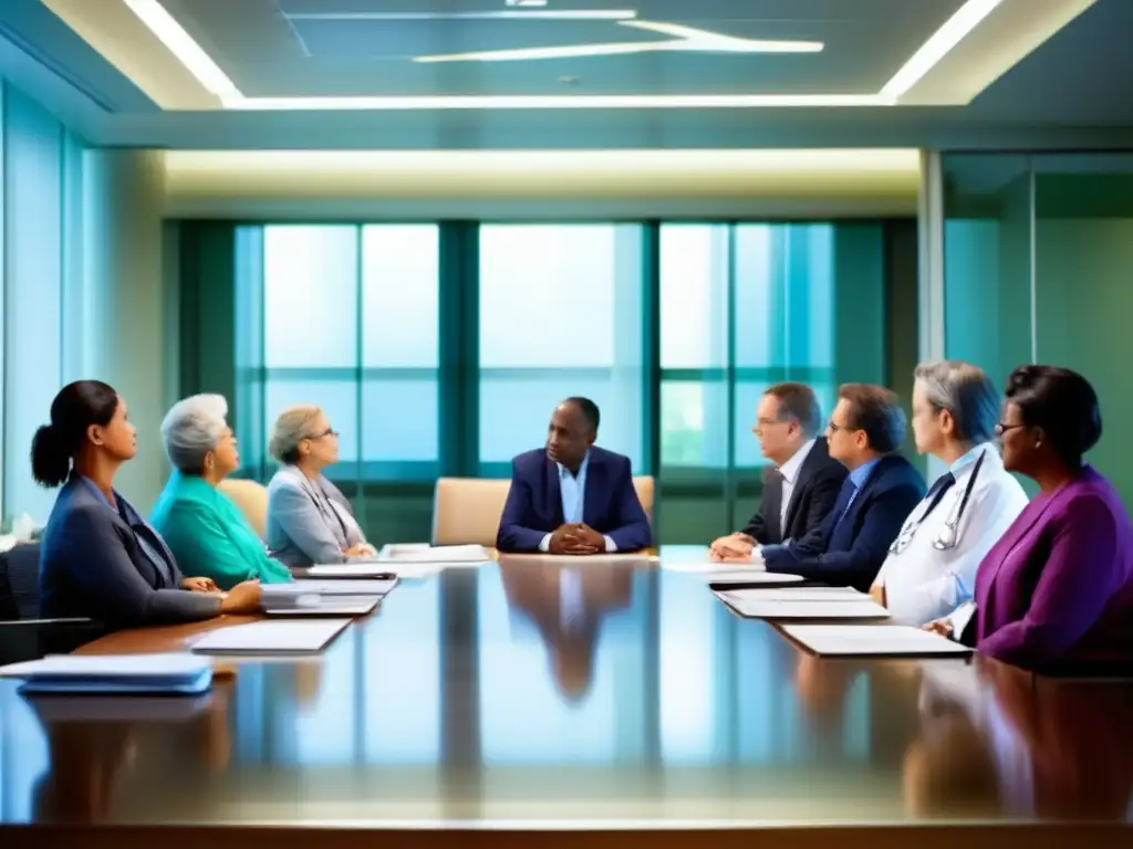 Un encuentro en sala de juntas de un hospital, abordando el dilema ético en la distribución de recursos para cuidado de ancianos. <b>Profesionalidad y reflexión en un ambiente moderno.