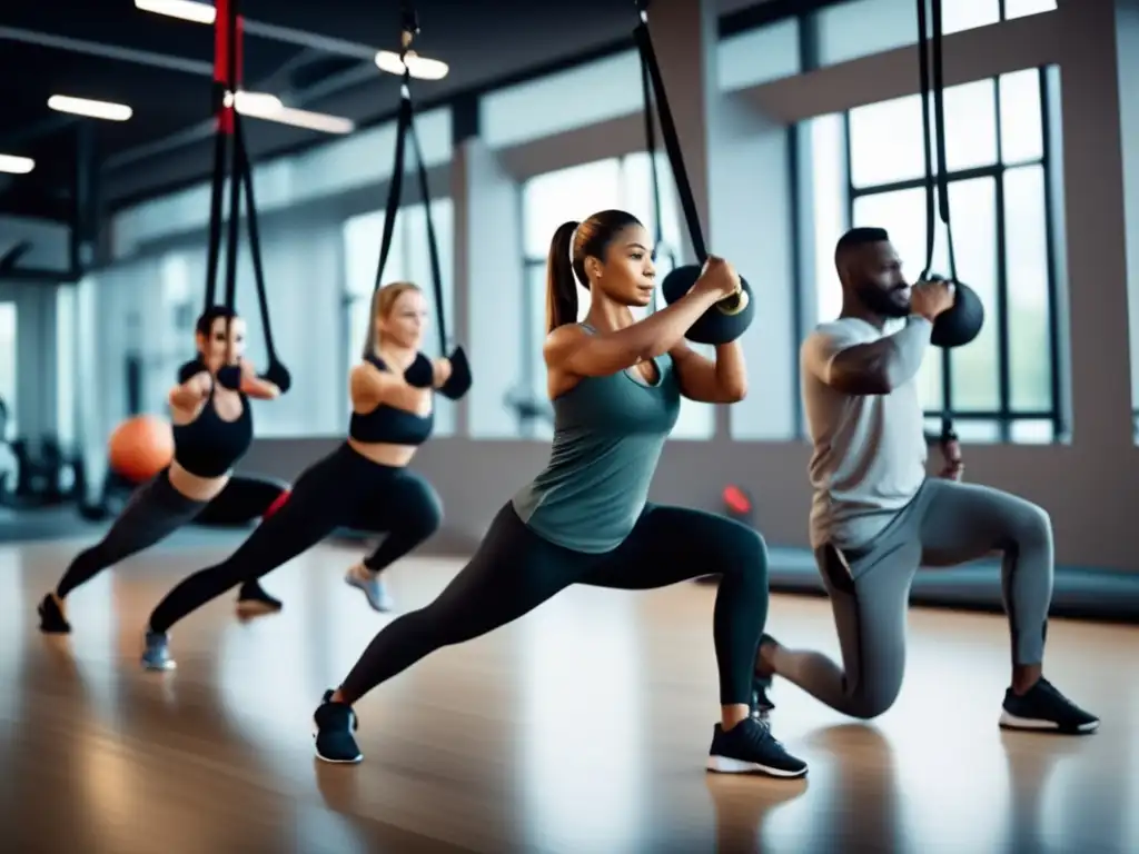 Un entrenador profesional guía un grupo diverso en ejercicios desafiantes. El ambiente es educativo y motivador, reflejando la esencia del entrenamiento en suspensión para longevidad humana.