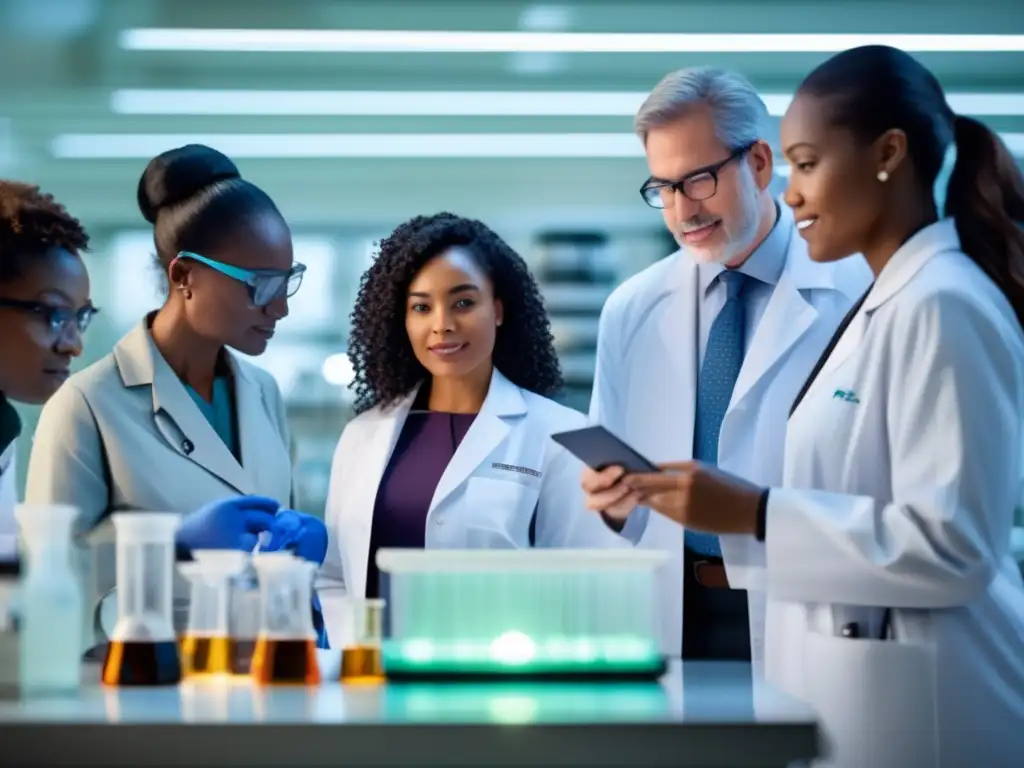 Un equipo diverso de científicos colaborando en un laboratorio de vanguardia para abordar desigualdades raciales esperanza de vida.