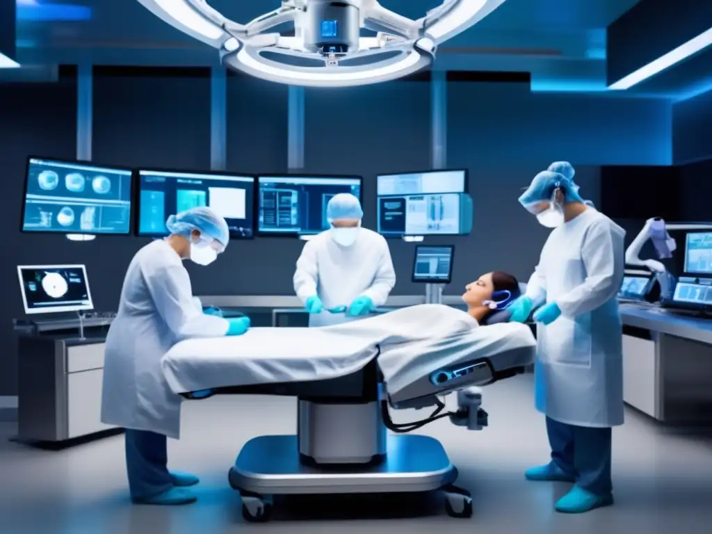 Un equipo robótico de vanguardia en una sala de operaciones futurista, con profesionales médicos realizando una cirugía mínimamente invasiva. La imagen muestra la integración de la inteligencia artificial en la atención médica, reflejando el impacto en el envejecimiento activo y saludable.