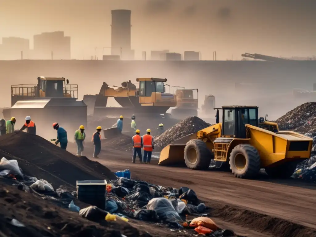 Un equipo de trabajadores con equipo de protección y máscaras clasificando desechos en un vertedero, con maquinaria pesada y una densa neblina de contaminación en el fondo, destacando el impacto de vertederos en la salud pública.