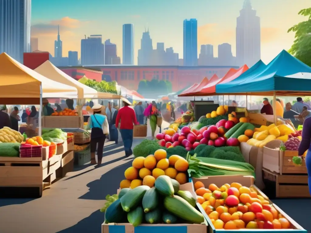 Una escena vibrante de un mercado agrícola con frutas, verduras y gente de todas las edades, fusionando lo tradicional con lo contemporáneo. Refleja la energía y diversidad de la revolución agrícola alimentaria, la longevidad y el impacto socioeconómico.