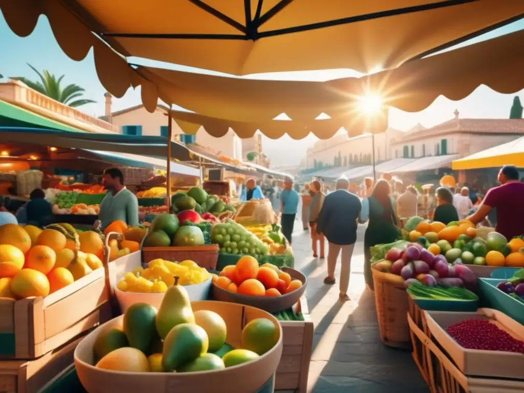 Una escena vibrante de un mercado mediterráneo con coloridas frutas y verduras frescas. <b>Personas conversando y seleccionando productos en un ambiente bullicioso bajo la cálida luz del sol.</b> Impacto de la dieta mediterránea en la longevidad.