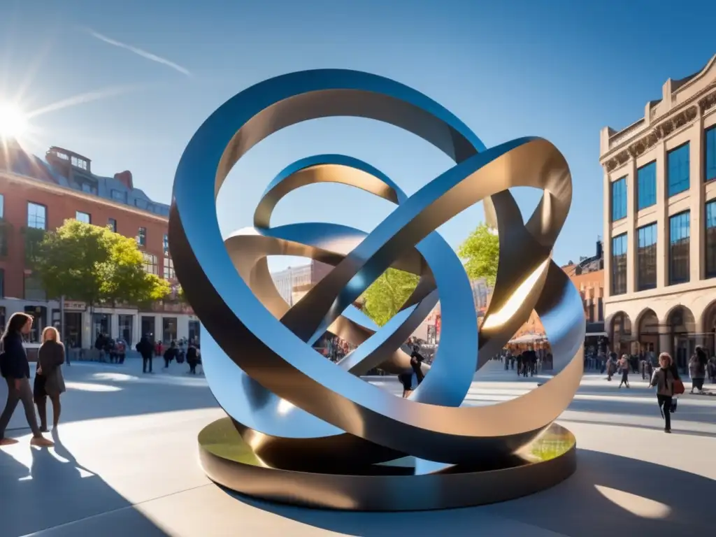 Una escultura moderna de ADN de metal reflejante brilla en una plaza de la ciudad. <b>Personas de todas las edades la admiran, creando un contraste entre la simbología atemporal del ADN y el progreso vanguardista de la ciudad.</b> Filosofía de la longevidad y mortalidad