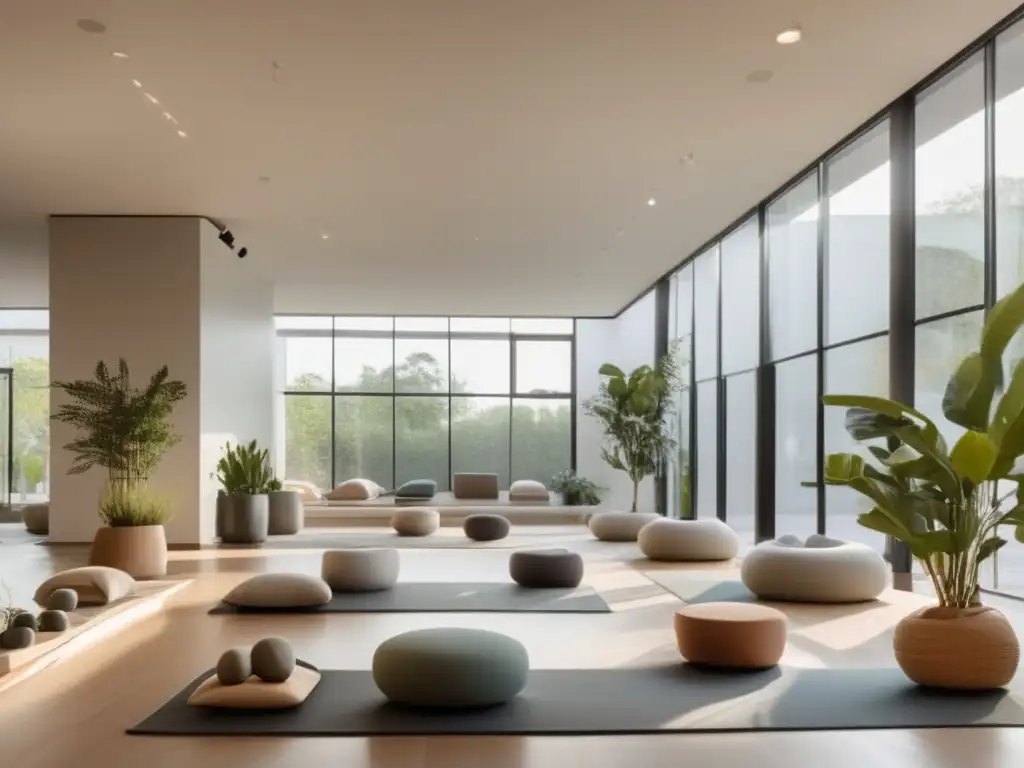 Un espacio de bienestar moderno y sereno con arquitectura minimalista, luz natural, tonos neutros, plantas y arte contemporáneo. <b>Personas diversas participan en una sesión de yoga o meditación, creando una atmósfera de comunidad y bienestar.</b> Perfecto para ilustrar la integración de terapias