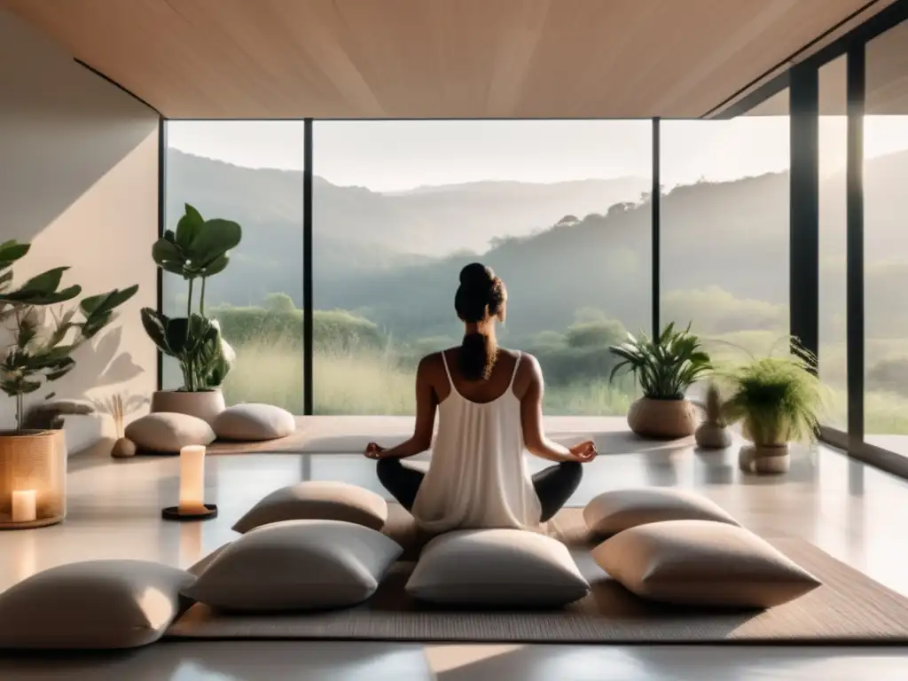 'Un espacio de meditación moderno y sereno con vista a la naturaleza. <b>Usos terapéuticos del mindfulness.'