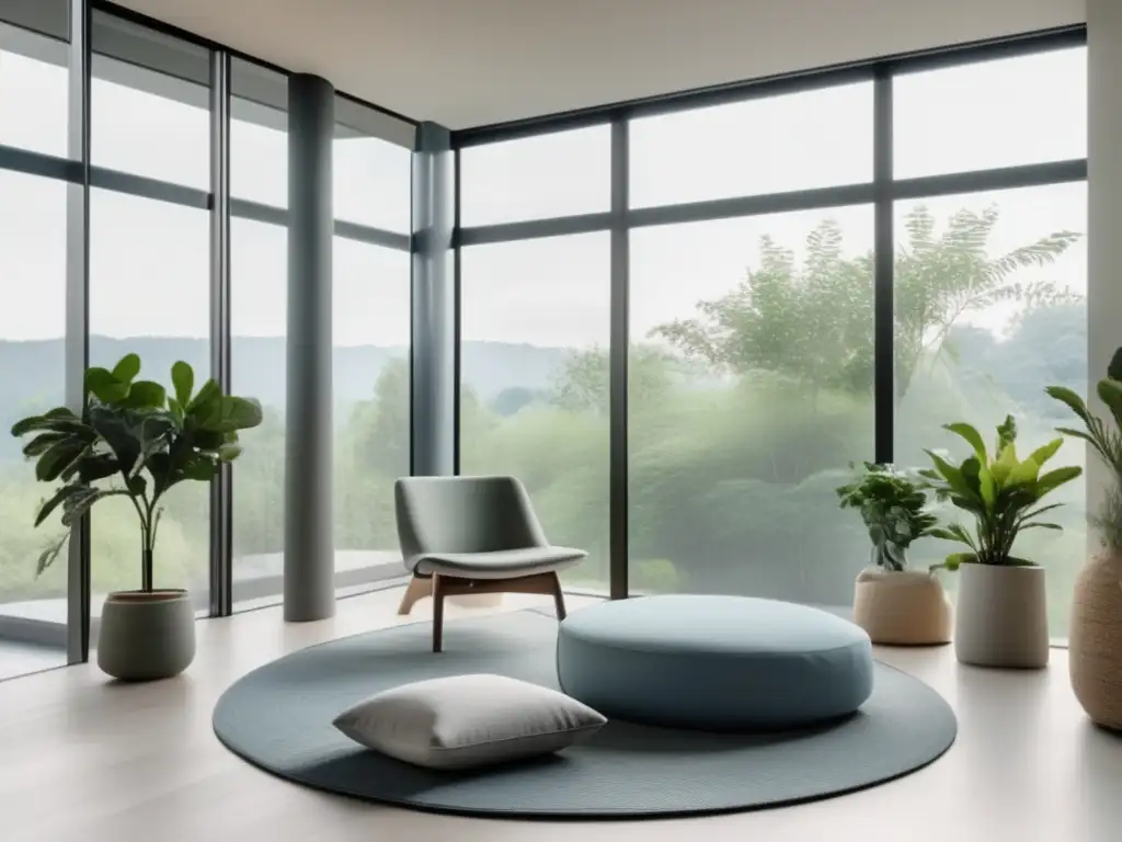 Un espacio de meditación moderno y tranquilo con luz natural. <b>Decoración minimalista y paleta de colores suaves.</b> Usos terapéuticos del mindfulness.