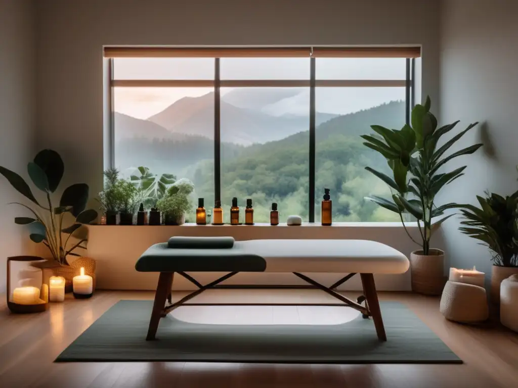 Un espacio de oficina minimalista y sereno con una gran ventana que da a un paisaje natural pacífico. <b>En el centro de la habitación, una cómoda camilla de masajes rodeada de decoración relajante, plantas y suave iluminación.</b> Al fondo, un terapeuta profesional prepara aceites esenciales