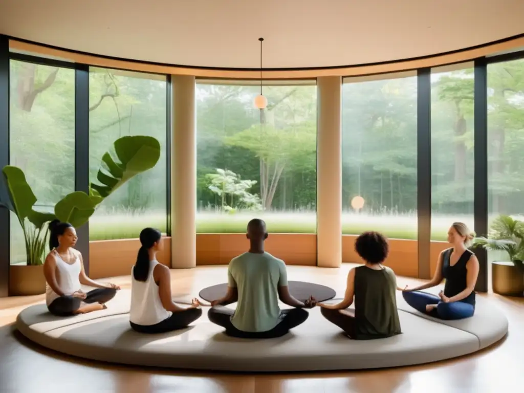 Un espacio tranquilo y moderno para programas de bienestar para longevidad, con grandes ventanales que dan a un jardín exuberante. Un grupo diverso participa en una sesión de meditación, creando una atmósfera de paz y comunidad.