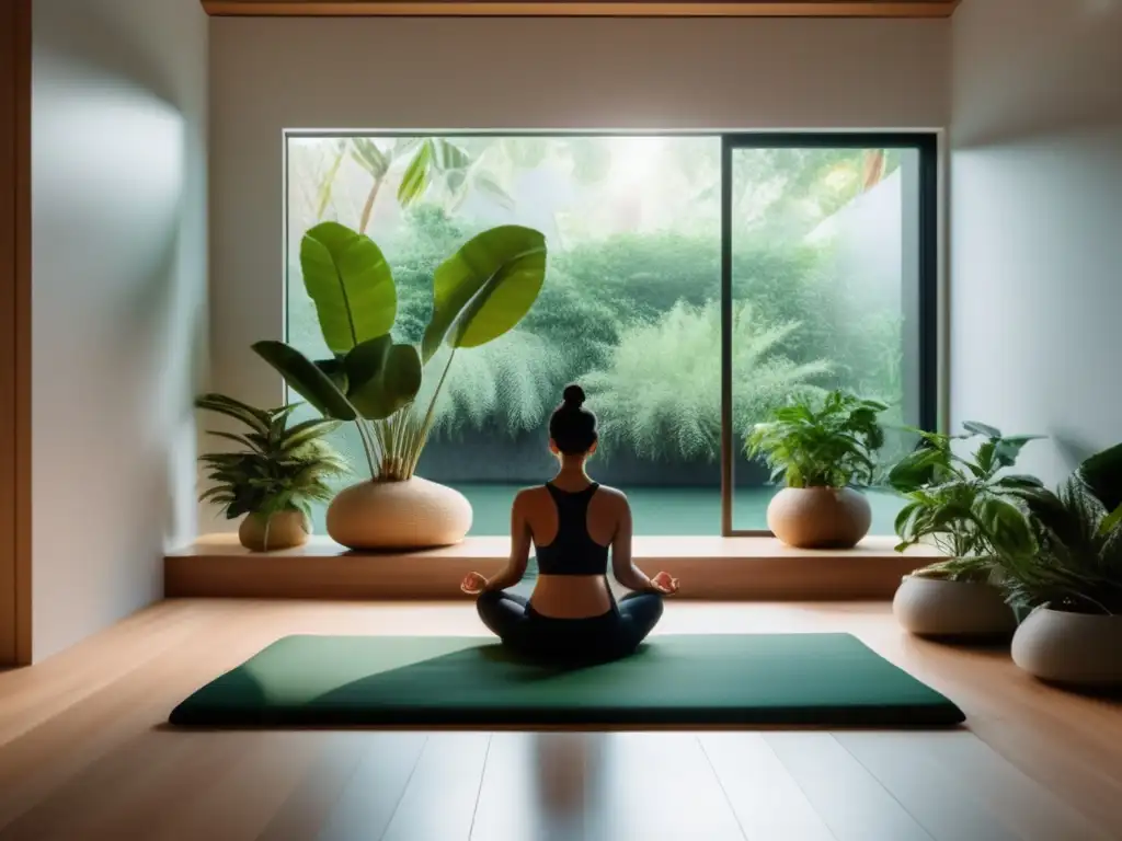 Un espacio de meditación tranquilo con iluminación natural suave, rodeado de plantas verdes exuberantes y una característica de agua calmante. <b>Una persona en postura de meditación, transmitiendo serenidad.</b> <b>Beneficios meditación longevidad humana.