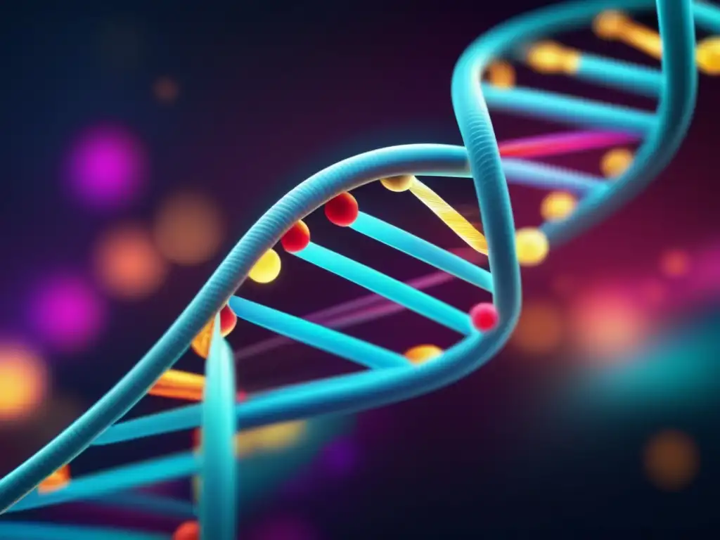 Una estructura detallada del ADN con colores vibrantes que representan marcadores genéticos, sobre un fondo futurista oscuro. <b>Muestra una investigación científica de vanguardia.</b> <b>