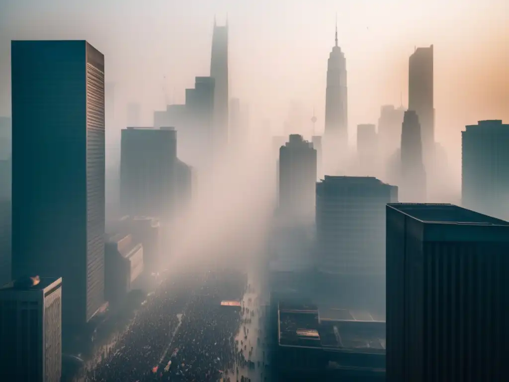 Estudios longitudinales sobre longevidad y polución: Una ciudad envuelta en smog, con rascacielos apenas visibles y personas usando máscaras.