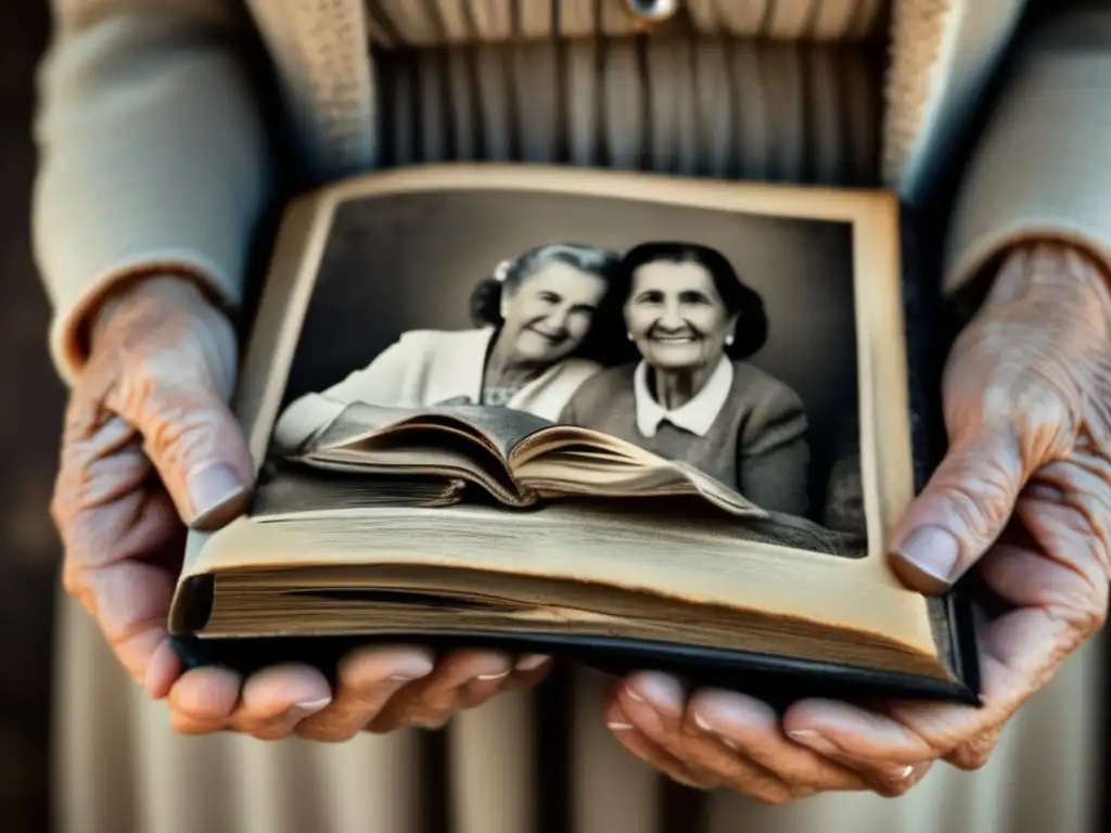 Las experimentadas manos de una mujer mayor sostienen un álbum de fotos desgastado, evocando sabiduría y la importancia del análisis estadístico en la vida de supercentenarios.