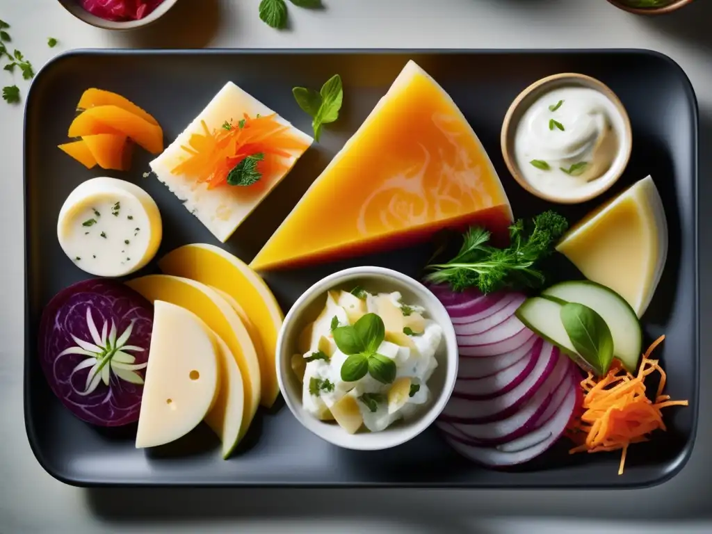 Una exquisita variedad de alimentos fermentados en una elegante presentación, resaltando la importancia del microbioma intestinal en longevidad.