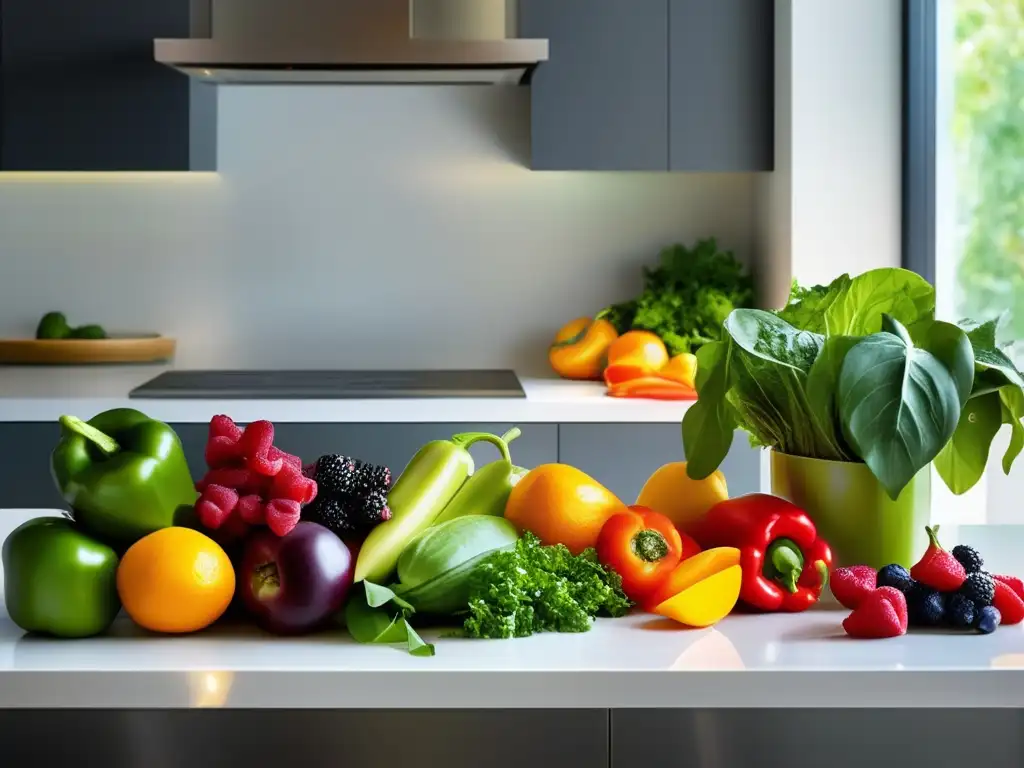 Una exquisita variedad de frutas y verduras frescas en una cocina moderna, evocando hidratación y nutrición en ayuno intermitente.