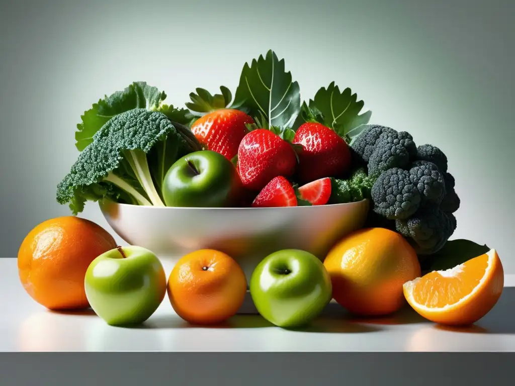 Una exquisita variedad de frutas y verduras frescas y coloridas dispuestas en una elegante exhibición. <b>Alimentos que aumentan expectativa vida.