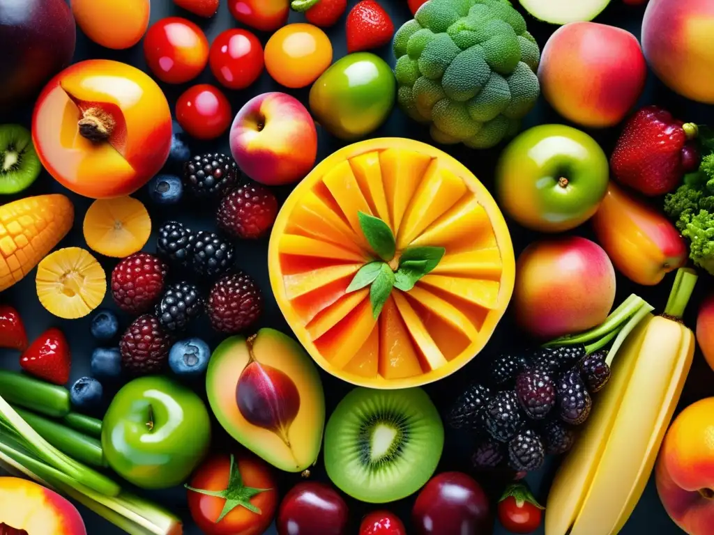 Una exquisita variedad de frutas y verduras coloridas y frescas dispuestas en círculo. <b>Una celebración de alimentos para microbioma y longevidad.