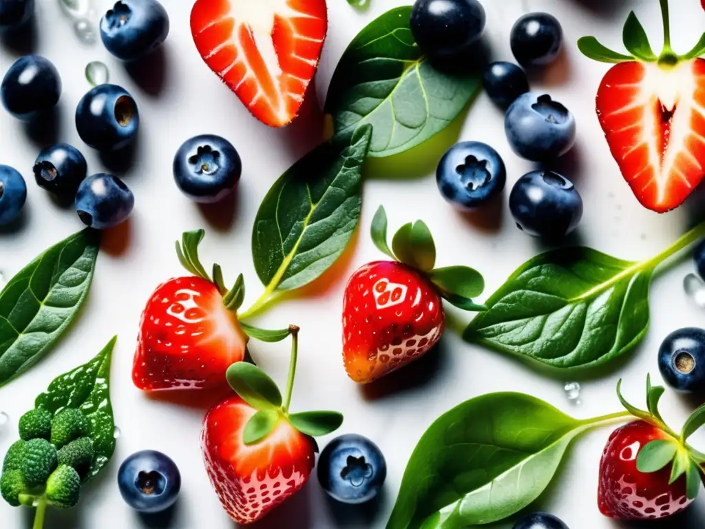 Una exquisita variedad de superalimentos y antioxidantes para longevidad, brillantes y frescos sobre mármol blanco. Una imagen vibrante y apetitosa.