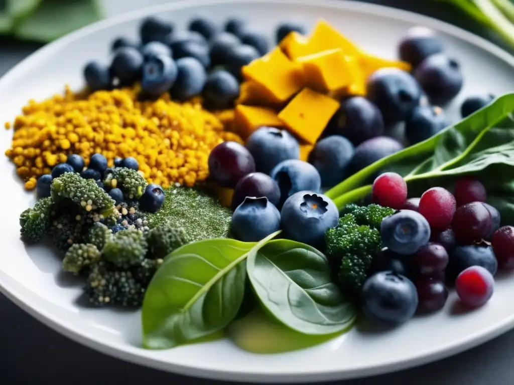 Una exquisita variedad de superalimentos coloridos dispuestos en un elegante plato blanco, listos para reducir la inflamación crónica.