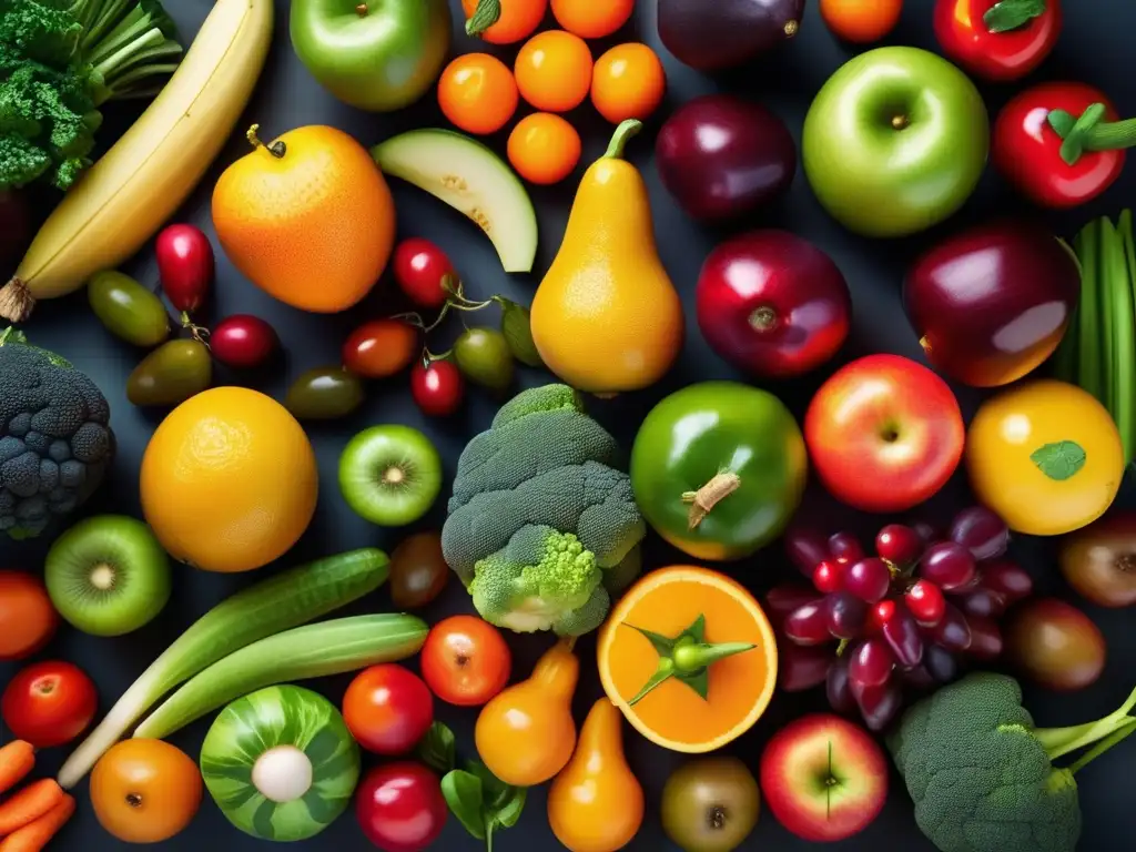 Una exuberante composición de alimentos orgánicos que irradian vitalidad, salud y longevidad en una armoniosa y colorida exhibición.