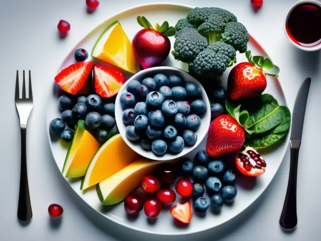 Una exuberante y detallada imagen de una variedad colorida de alimentos ricos en antioxidantes como arándanos, col rizada, granada, espinacas y fresas, dispuestos ordenadamente en un moderno plato blanco. Los frutos y verduras brillan con rocío, mostrando su frescura y valor nutricional