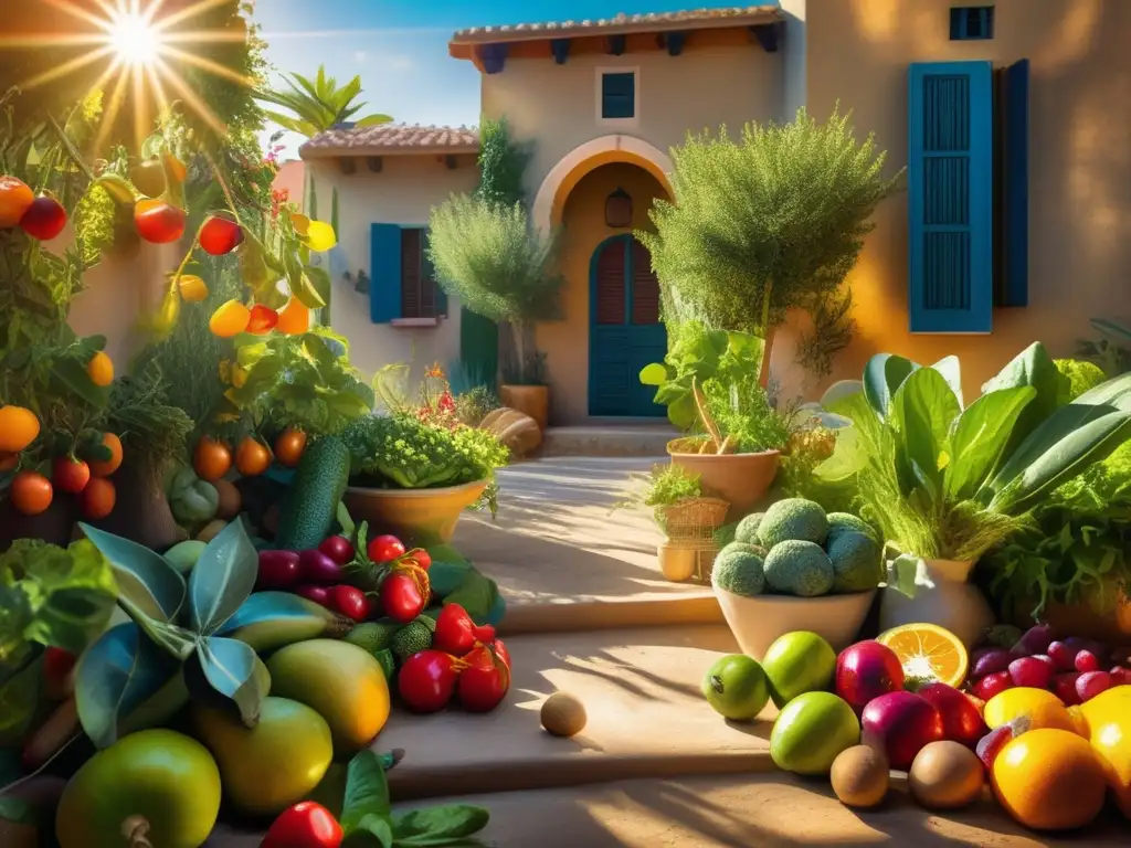 Un exuberante jardín mediterráneo rebosante de frutas, verduras y hierbas coloridas bajo el cálido sol, evocando la esencia de la Dieta Mediterránea y longevidad humana.