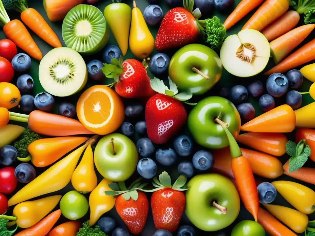 Una exuberante variedad de frutas y verduras frescas en un patrón circular detallado, con colores vibrantes y texturas naturales, destacando la importancia de una dieta y telomerasa para longevidad.