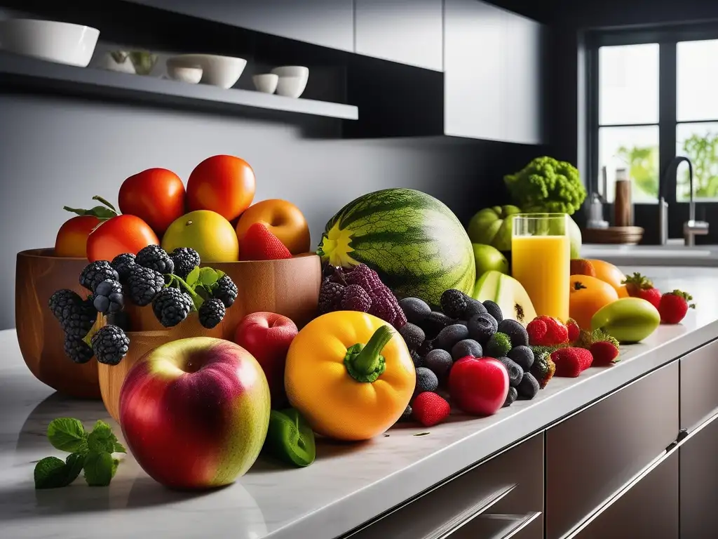 Una exuberante variedad de frutas y verduras frescas y coloridas, con gotas de agua brillantes resaltando su frescura, dispuestas en una encimera de cocina moderna. La imagen irradia vitalidad y abundancia, ejemplificando los beneficios de la dieta vegana para la longevidad.