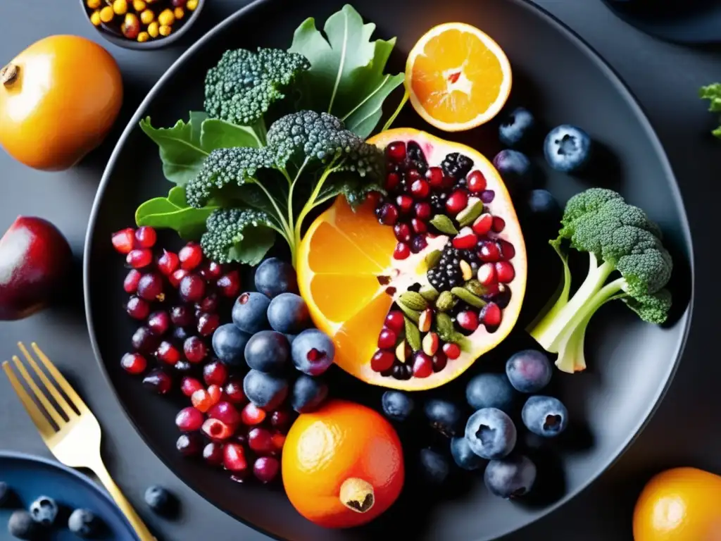 Un festín visual de vibrantes superalimentos que reducen la inflamación crónica, dispuestos en un elegante plato negro.