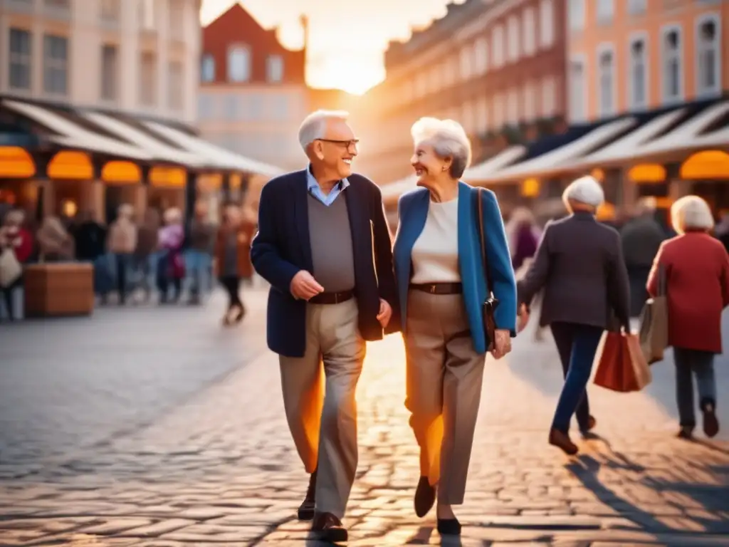 Dos gemelos idénticos de 80 años pasean sonrientes por la bulliciosa ciudad al atardecer, reflejando el concepto de longevidad en gemelos.