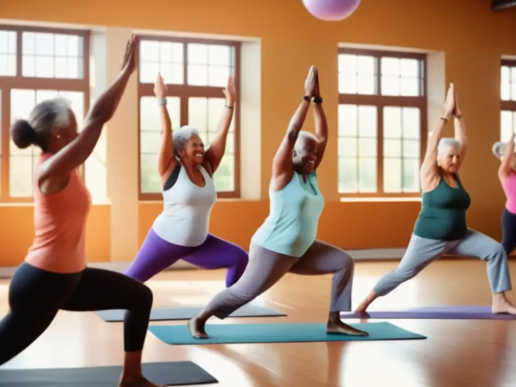 Un gimnasio amplio y soleado donde adultos mayores realizan yoga, levantan pesas y bailan. Vitalidad y diversidad en rutinas de ejercicio para longevidad.