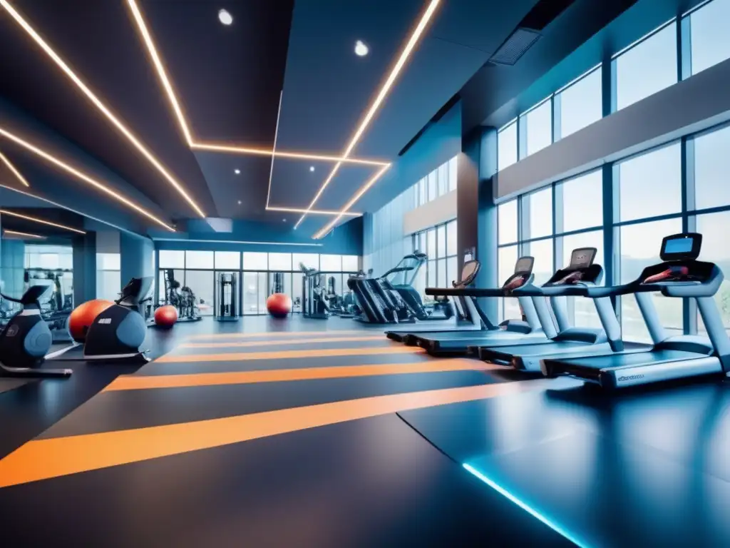 Un gimnasio moderno con equipos de alta tecnología. <b>Un entrenador guía a un grupo diverso en ejercicios de fuerza y resistencia.</b> <b>Atmosfera energética y motivadora.</b> Optimizar longevidad con fuerza y resistencia.