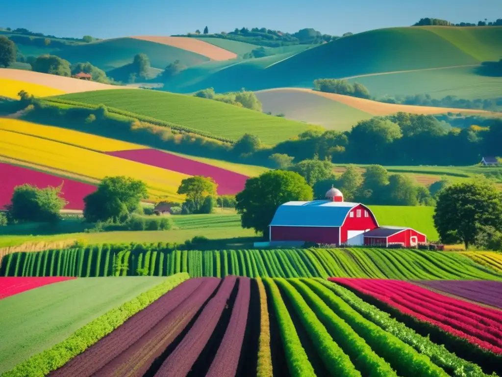 Una granja diversa y vibrante con cultivos coloridos, rodeada de naturaleza y personas trabajando juntas, evocando vitalidad y comunidad. <b>Importancia agricultura local longevidad.